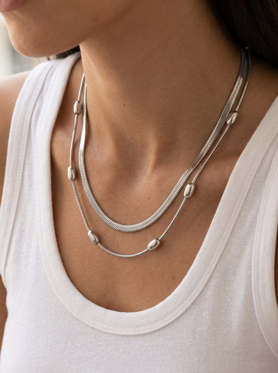 Mehrlagige Halskette aus Titanstahl – Minimalistische Layering Kette Stahlfarben