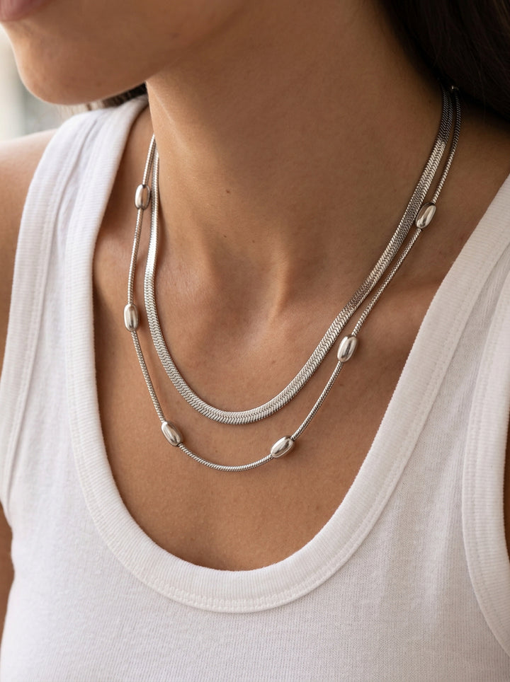 Mehrlagige Halskette aus Titanstahl – Minimalistische Layering Kette Stahlfarben