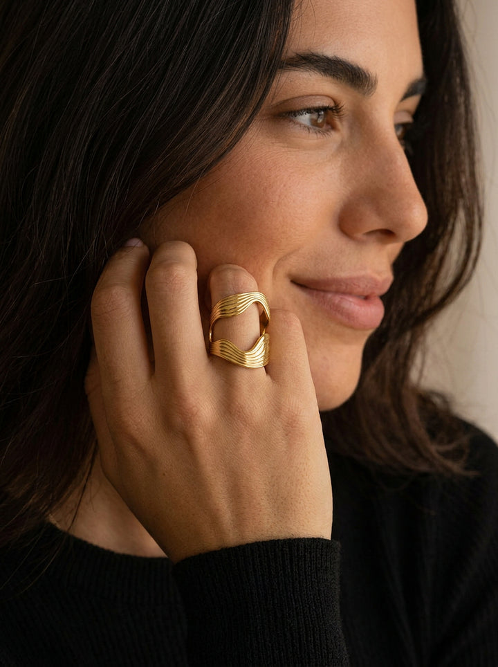 Moderner geometrischer Edelstahl-Ring – Offener Damenring mit Gold-Finish