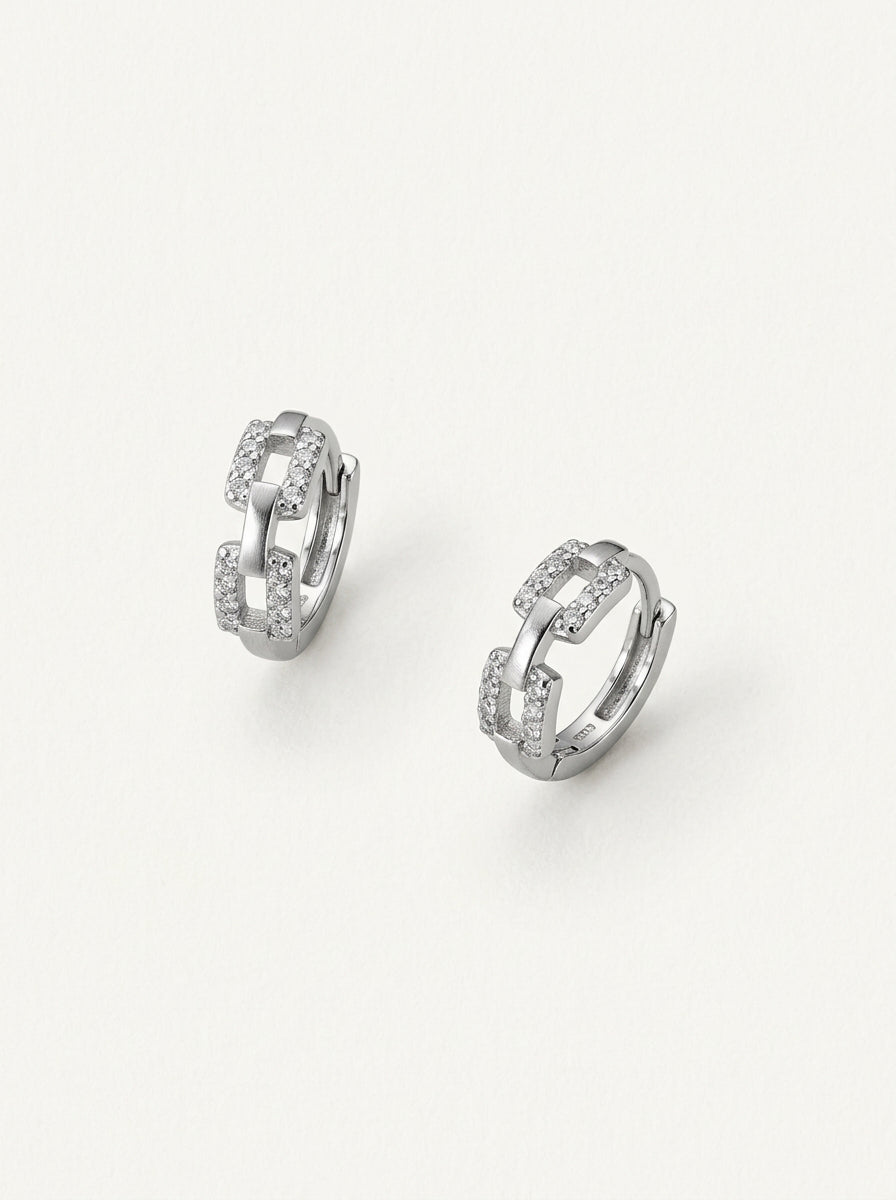 Trendy 925 Sterling Silber Kettenglied-Quadrat-Ohrstecker für Damen mit eingefasstem Zirkonia – Minimalistische geometrische Huggie-Ohrstecker, hypoallergen