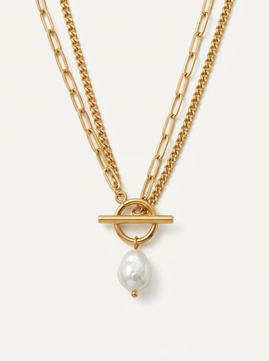 Doppellagige Halskette mit Barockperle Gold – Edelstahl Layering Kette