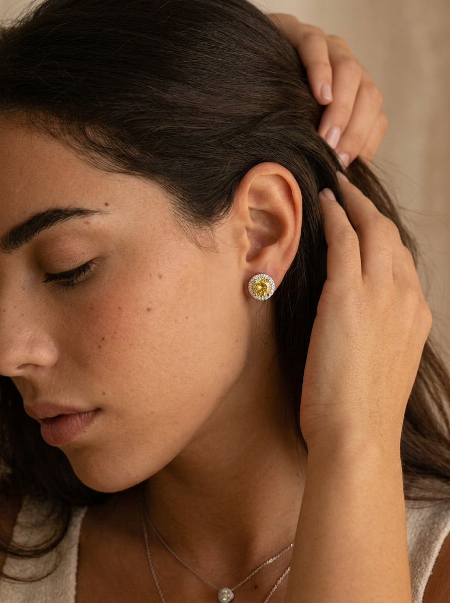 Gelbe Zirkonia Ohrstecker aus 925 Sterling Silber – Runde elegante Ohrringe