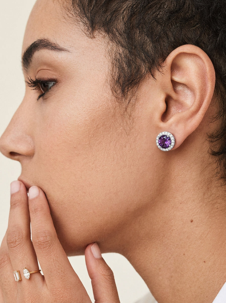 Lila Zirkonia Ohrstecker aus 925 Sterling Silber – Runde elegante Ohrringe