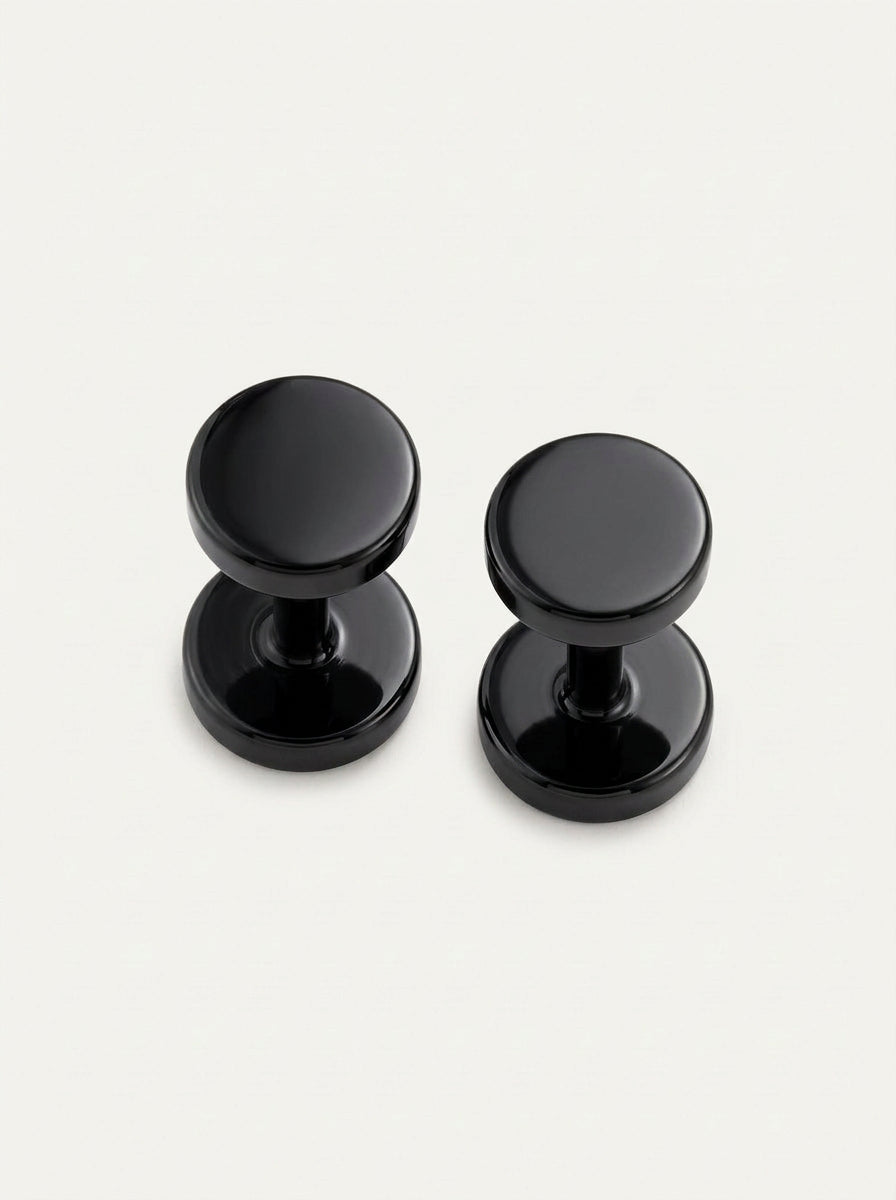 Schwarze / silberne Edelstahl-Ohrstecker für Herren & Damen – Fake Plug Tunnel Piercing