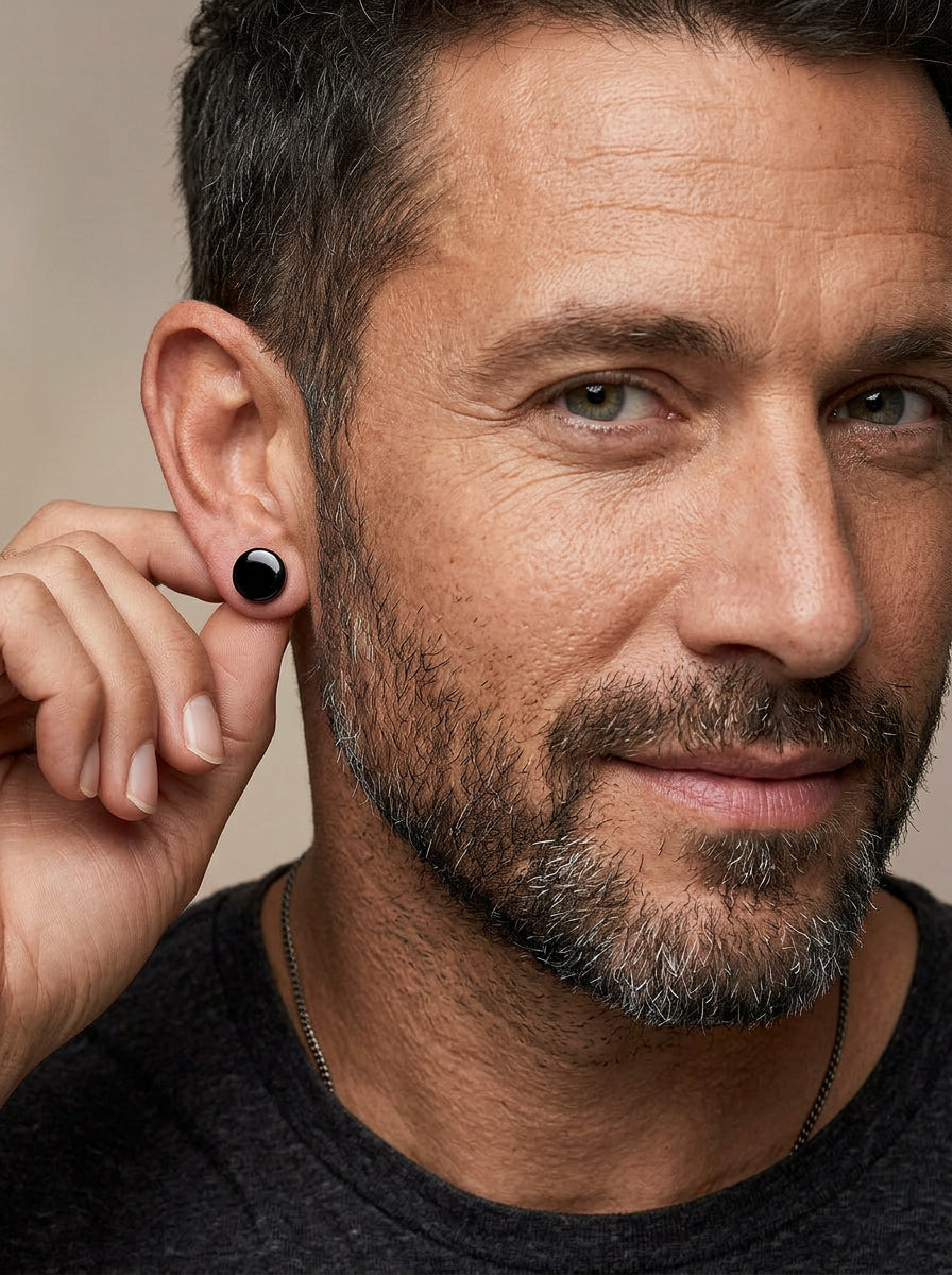 Schwarze / silberne Edelstahl-Ohrstecker für Herren & Damen – Fake Plug Tunnel Piercing